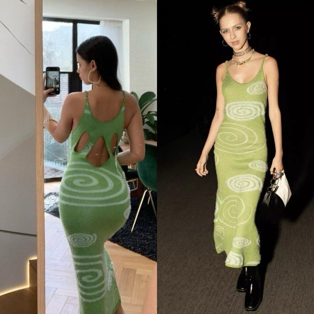 House of Sunny The Galaxy Hockney Knit Midi Slip Cut Out Dress Grass Green US 4